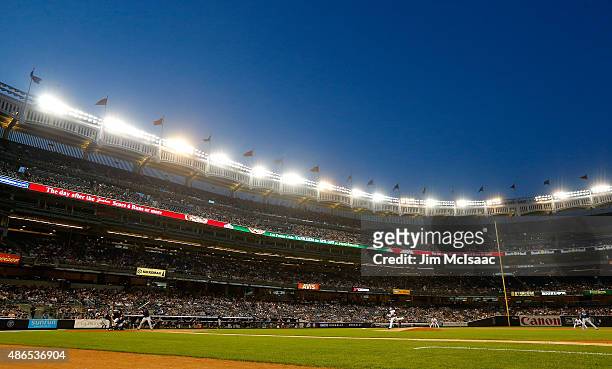Luis Severino of the New York Yankees pitches in the second inning against J.P. Arencibia of the Tampa Bay Rays at Yankee Stadium on September 4,...