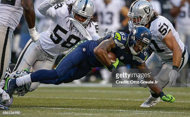Wide receiver Ricardo Lockette of the Seattle Seahawks rushes against the Oakland Raiders at CenturyLink Field on September 3, 2015 in Seattle,...