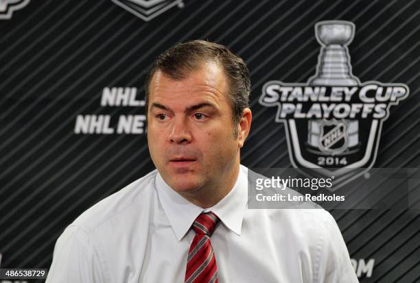 Head Coach of the New York Rangers Alain Vigneault speaks to the media after his team defeated the Philadelphia Flyers 4-1 in Game Three of the First...