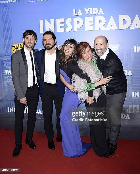 Raul Arevalo, Jorge Torregrosa, Carmen Ruiz, Elvira Lindo and Javier Camara attend the 'La Vida Inesperada' premiere at Callao cinema on April 24,...