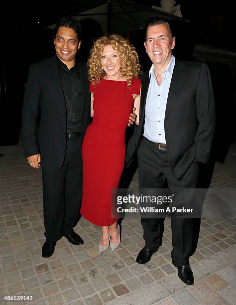 Piers Linney, Kelly Hoppen and Duncan Bannatyne seen leaving The Firehouse Hotel on April 24, 2014 in London, England.
