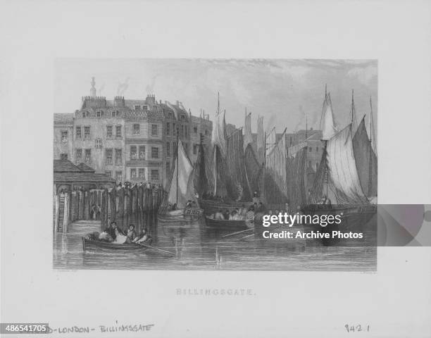 Engraved view of rowing boats in the River Thames at Billingsgate, London, circa 1800.