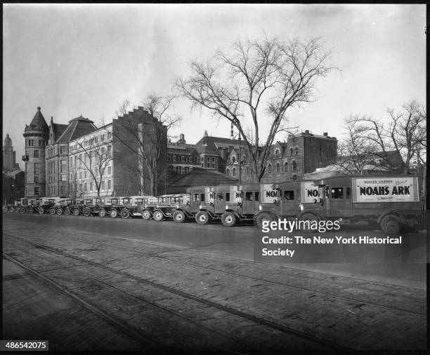 Exterior view of the American Museum of Natural History, looking southeast from Central Park West just above 80th Street, New York, 1930. A row of...