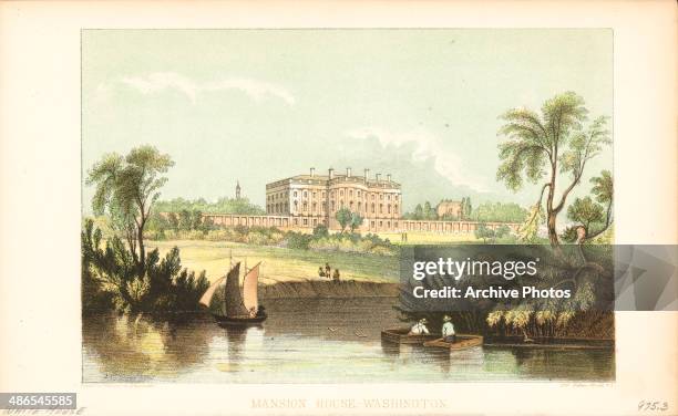 Color engraving of the south portico of the White House, as viewed from the Potomac River, Washington D C, circa 1850.