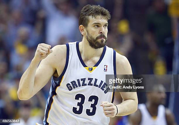 Marc Gasol of the Memphis Grizzlies celebrates against the Oklahoma City Thunder during Game 3 of the Western Conference Quarterfinals during the...