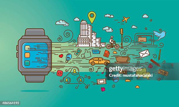 ilustraciones, imágenes clip art, dibujos animados e iconos de stock de smartwatch garabato con aplicaciones - reloj de pulsera