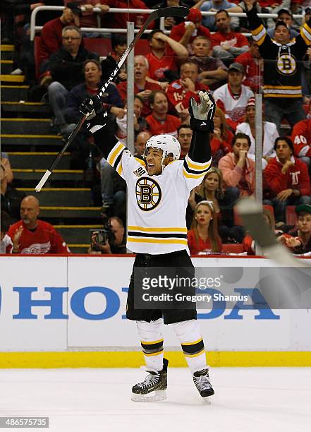 Jarome Iginla of the Boston Bruins celebrates his game-winning overtime goal to beat the Detroit Red Wings 3-2 in Game Four of the First Round of the...