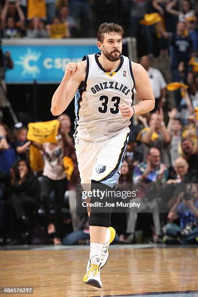 Marc Gasol of the Memphis Grizzlies celebrates during a game against the Oklahoma City Thunder in Game Three of the Western Conference Quarterfinals...