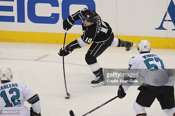 Mike Richards of the Los Angeles Kings shoots in Game Four of the First Round of the 2014 Stanley Cup Playoffs against the San Jose Sharks at STAPLES...