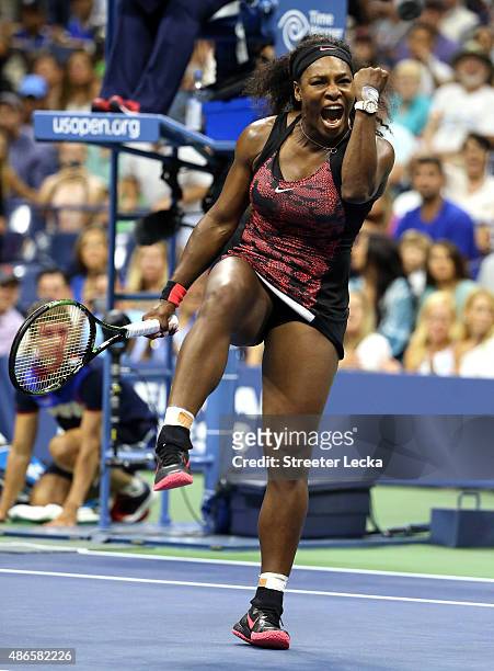 Serena Williams of the United States reacts after defeating Bethanie Mattek-Sands of the United States during their Women's Singles Third Round match...