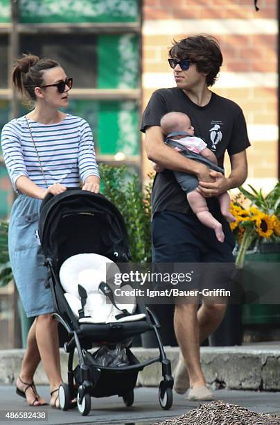 Keira Knightley with baby Edie Righton and husband James Righton are seen on September 04, 2015 in New York City.