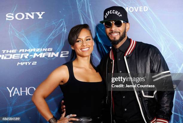 Singer/musician Alicia Keys and musician Swizz Beatz attend "The Amazing Spider-Man 2" premiere at the Ziegfeld Theater on April 24, 2014 in New York...