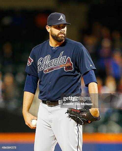 Jordan Walden of the Atlanta Braves in action against the New York Mets at Citi Field on April 19, 2014 in the Flushing neighborhood of the Queens...