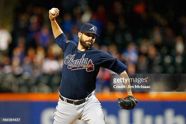 Jordan Walden of the Atlanta Braves in action against the New York Mets at Citi Field on April 19, 2014 in the Flushing neighborhood of the Queens...
