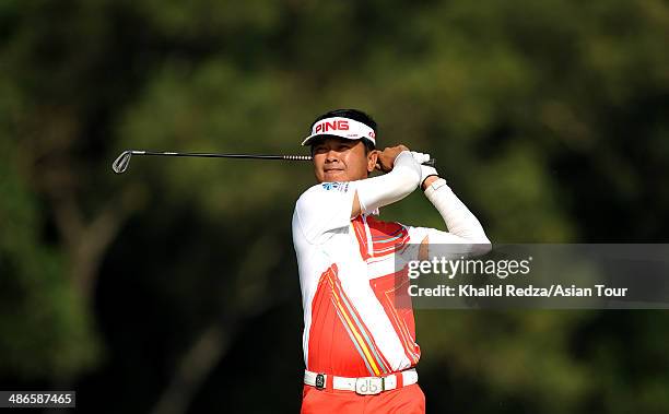 Lin Wen Tang of Chinese Taipei in action during round two of the CIMB Niaga Indonesian Masters at Royale Jakarta Golf Club on April 25, 2014 in...