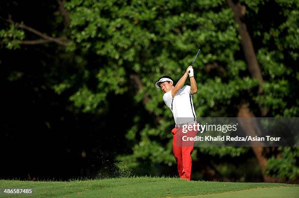 Arnond Vongvanij of Thailand in action during round four of the CIMB Niaga Indonesian Masters at Royale Jakarta Golf Club on April 25, 2014 in...
