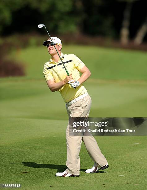 Bernd Wiesberger of Austria in action during round two of the CIMB Niaga Indonesian Masters at Royale Jakarta Golf Club on April 25, 2014 in Jakarta,...