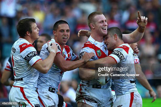 Ben Creagh of the Dragons celebrates scoring a try during the round 8 NRL match between the St George Illawarra Dragons and the Sydney Roosters at...