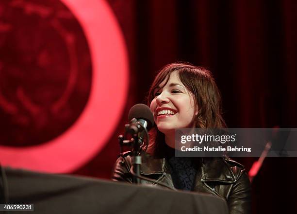 Carrie Brownstein musician and co-creator of the TV show 'Portlandia' is interviwed by Jian Ghomeshi for the radio show Q With Jian Ghomeshi live at...