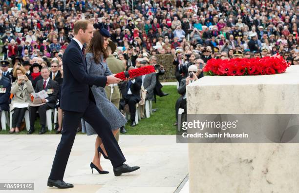 Prince William, Duke of Cambridge and Catherine, Duchess of Cambridge lay a wreath as they attend the ANZAC Day commemorative service at the...