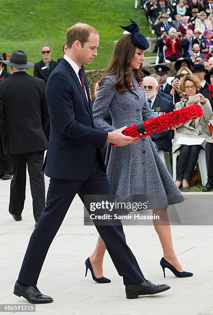 Prince William, Duke of Cambridge and Catherine, Duchess of Cambridge lay a wreath as they attend the ANZAC Day commemorative service at the...