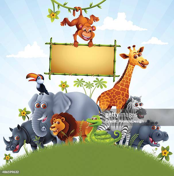 zoo animals with bamboo sign - parrot stock illustrations