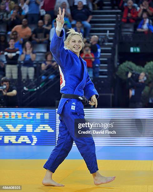 Automne Pavia of France celebrates her second consecutive European final victory to her home fans at the Montpellier European Judo Championships on...