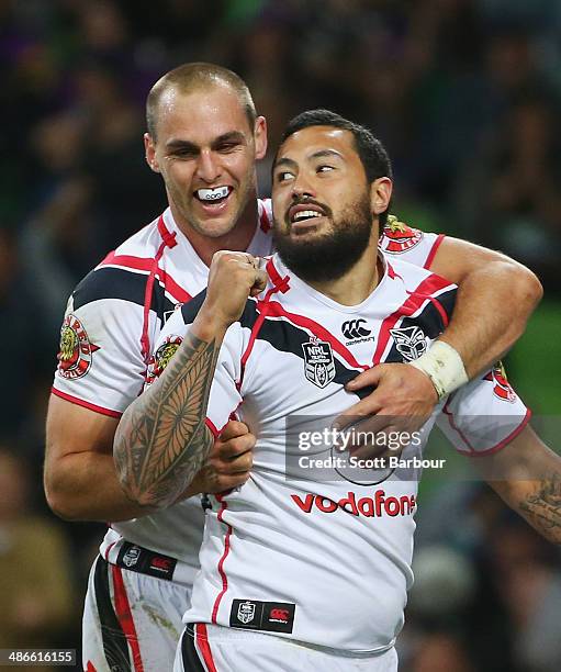 Feleti Mateo of the Warriors celebrates after scoring a try during the round 8 NRL match between the Melbourne Storm and the New Zealand Warriors at...