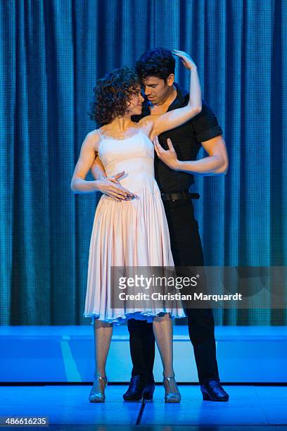 Main actors Anna Weihrauch and Mate Gyenei dance during the Rehearsal from 'Dirty Dancing' at Admiralspalast on April 24, 2014 in Berlin, Germany.