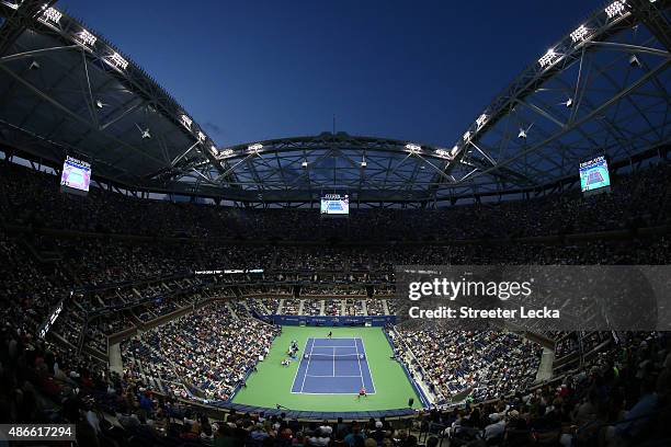 General view as Serena Williams of the United States plays against Bethanie Mattek-Sands of the United States during their Women's Singles Third...