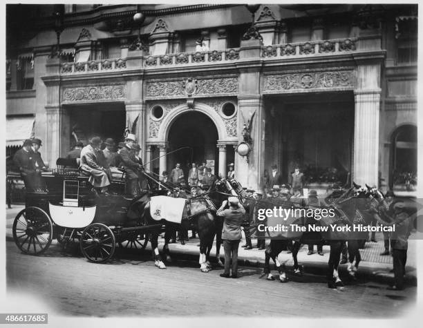 The Peacock coach in front of Holland House, Fifth Avenue and 30th Street, New York, New York, 1895.