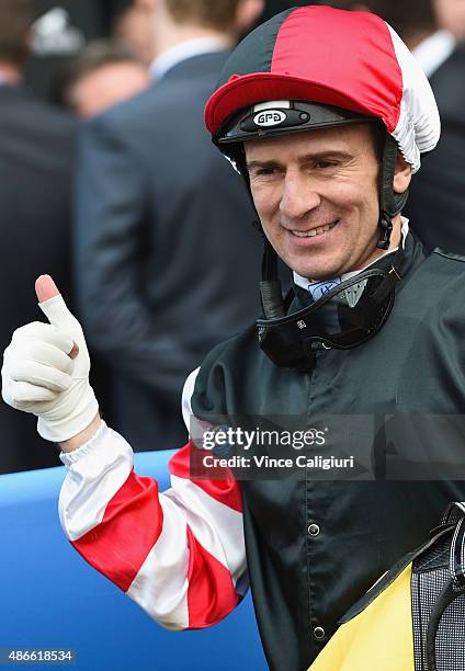 Vlad Duric smiles after riding Kentucky Flyer to win Race 1 during Melbourne Racing at Moonee Valley Racecourse on September 5, 2015 in Melbourne,...