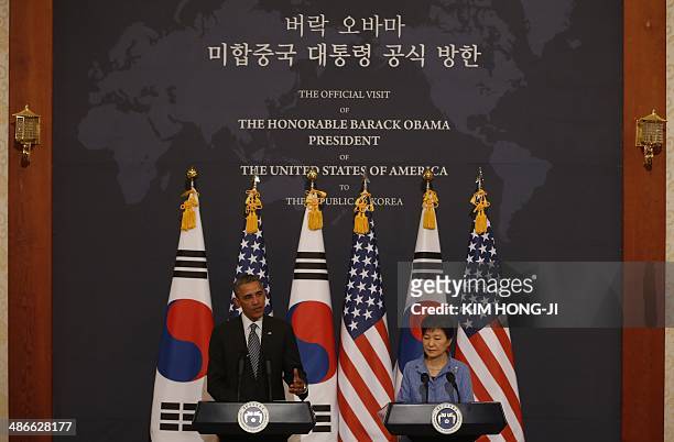 South Korean President Geun-hye Park and US President Barack Obama hold a join press conference at the Blue House in Seoul on April 25, 2014. Obama...