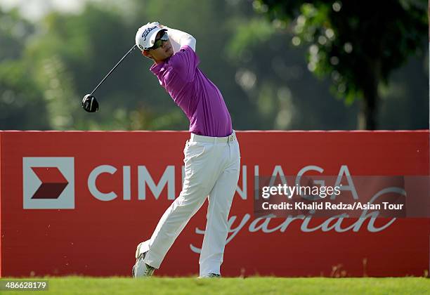 Jazz Kanewattananond of Thailand in action during round two of the CIMB Niaga Indonesian Masters at Royale Jakarta Golf Club on April 25, 2014 in...