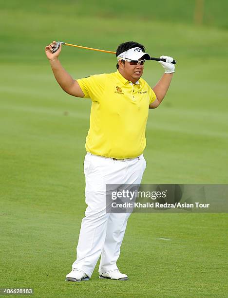 Kiradech Aphibarnrat of Thailand in action during round two of the CIMB Niaga Indonesian Masters at Royale Jakarta Golf Club on April 25, 2014 in...