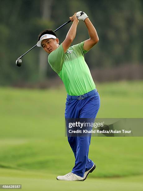 George Gandranata of Indonesia in action during round two of the CIMB Niaga Indonesian Masters at Royale Jakarta Golf Club on April 25, 2014 in...