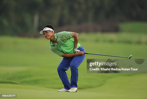 George Gandranata of Indonesia in action during round two of the CIMB Niaga Indonesian Masters at Royale Jakarta Golf Club on April 25, 2014 in...