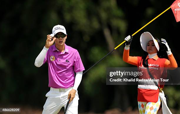 Jazz Kanewattananond of Thailand in action during round two of the CIMB Niaga Indonesian Masters at Royale Jakarta Golf Club on April 25, 2014 in...