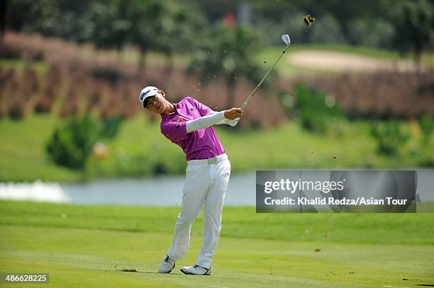 Jazz Kanewattananond of Thailand in action during round two of the CIMB Niaga Indonesian Masters at Royale Jakarta Golf Club on April 25, 2014 in...