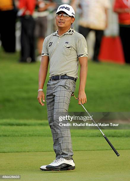 Nicholas Fung of Malaysia in action during round two of the CIMB Niaga Indonesian Masters at Royale Jakarta Golf Club on April 25, 2014 in Jakarta,...