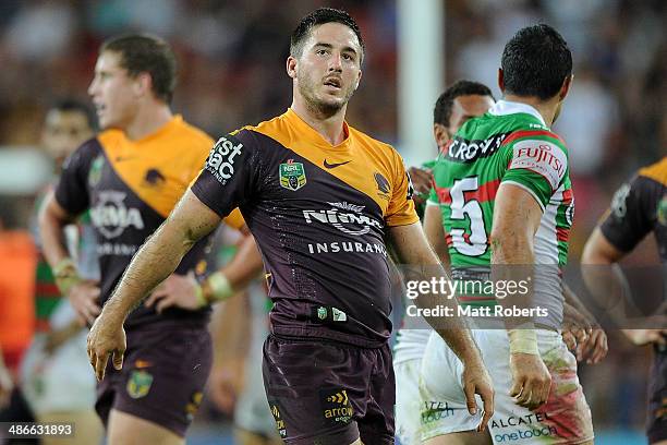 Ben Hunt of the Broncos looks dejected during the round 8 NRL match between the Brisbane Broncos and the South Sydney Rabbitohs at Suncorp Stadium on...