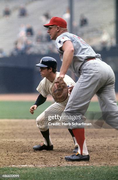 New York Yankees Bobby Murcer on base during game vs Washington Senators Frank Howard at Yankee Stadium. Bronx, NY 4/16/1969 CREDIT: Herb Scharfman
