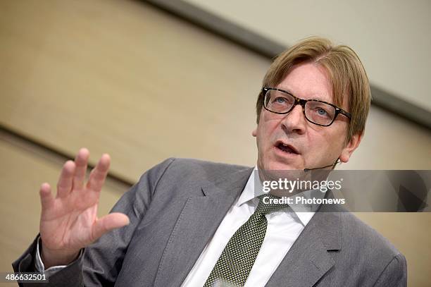 Guy Verhostadt pictured holds a press conference annoucing he will be candidate to presidency of EEC Commission on April 25, 2014 in Brussels,...