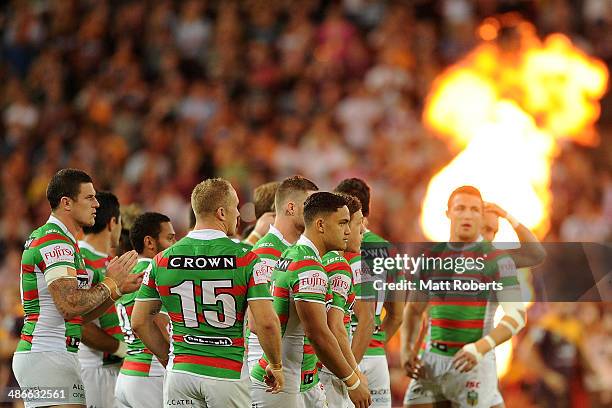 Rabbitohs players prepare for the start of the round 8 NRL match between the Brisbane Broncos and the South Sydney Rabbitohs at Suncorp Stadium on...