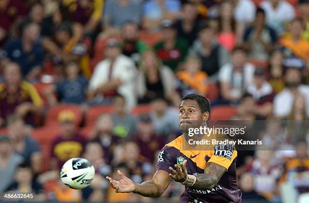 Ben Barba of the Broncos passes the ball during the round 8 NRL match between the Brisbane Broncos and the South Sydney Rabbitohs at Suncorp Stadium...