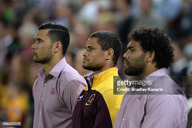 Jharal Yow Yeh, Josh Hoffman and Sam Thaiday are seen before the round 8 NRL match between the Brisbane Broncos and the South Sydney Rabbitohs at...