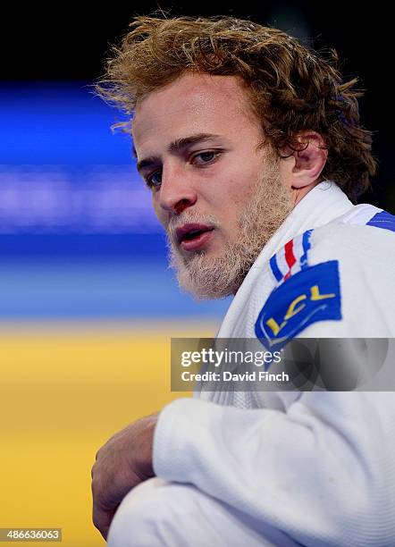 Ugo Legrand of France pauses during his u73kg quarter-final match with Nugari Tatalashvili of Georgia which he eventually won by a wazari to reach...