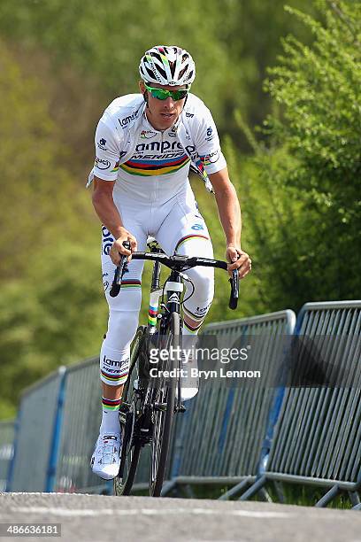 World Road Race Champion Rui Costa rides up La Redoute during training for the 100th edition of the Liege-Bastogne-Liege road race on April 25, 2014...