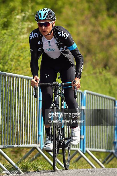 Danny Pate of Great Britain and Team SKY rides up La Redoute during training for the 100th edition of the Liege-Bastogne-Liege road race on April 25,...