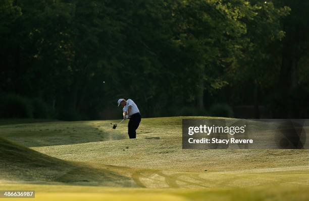 Ernie Els takes his shot on the 10th during Round Two of the Zurich Classic of New Orleans at TPC Louisiana on April 25, 2014 in Avondale, Louisiana.